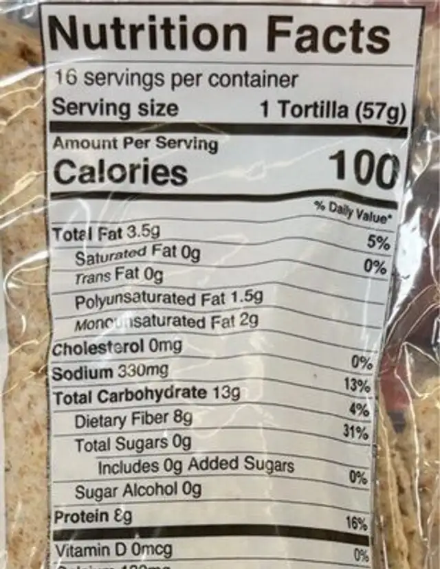 Probiotic Whole Grain & Flax Tortilla Wraps nutrition facts table