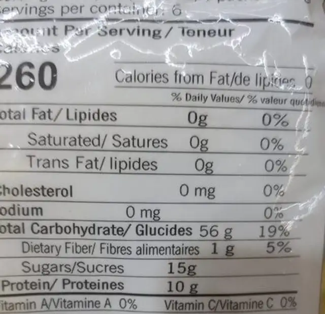 Chowmein nutrition facts table