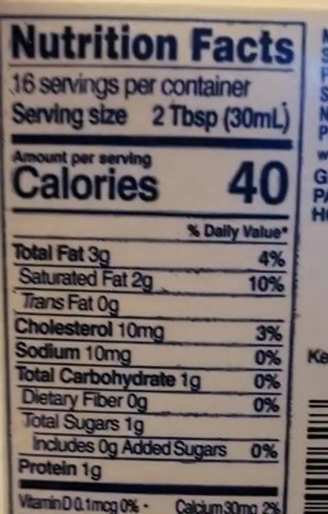 French vanilla Half n Half nutrition facts table