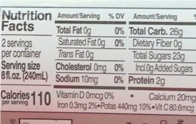 Orange Juice nutrition facts table