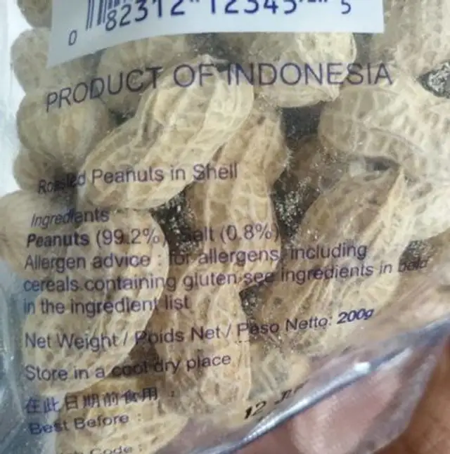 Roasted peanuts in Shell ingredients label