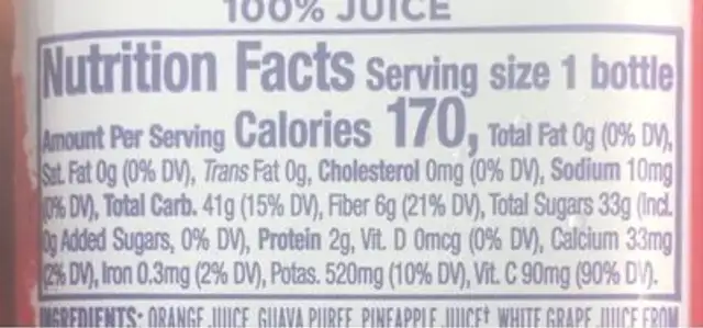 Tropical Guava nutrition facts table