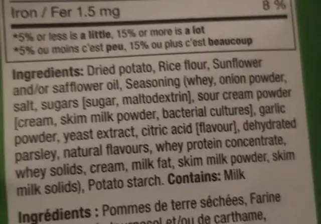 Pop Chips sour cream & onion ingredients label