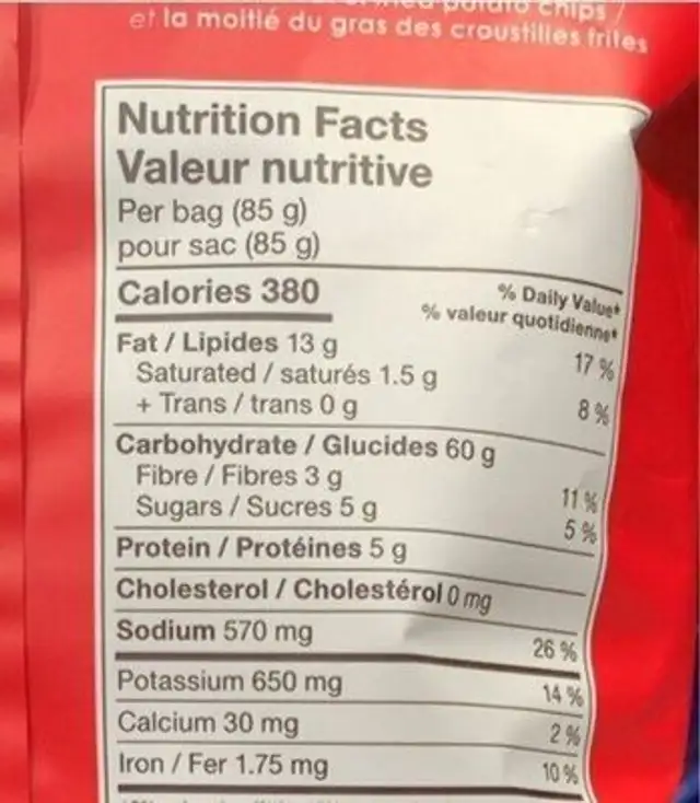 Potato Chips BBQ nutrition facts table