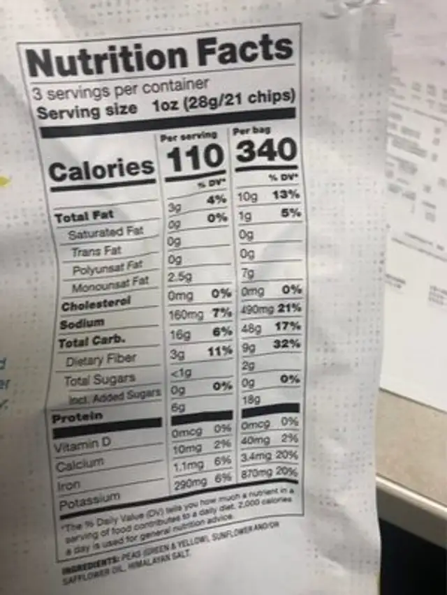 Himalayan salt popped pea chips, himalayan salt nutrition facts table