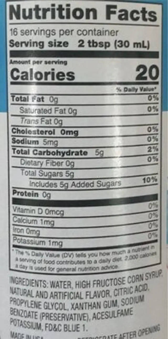 Snow cone syrup nutrition facts table