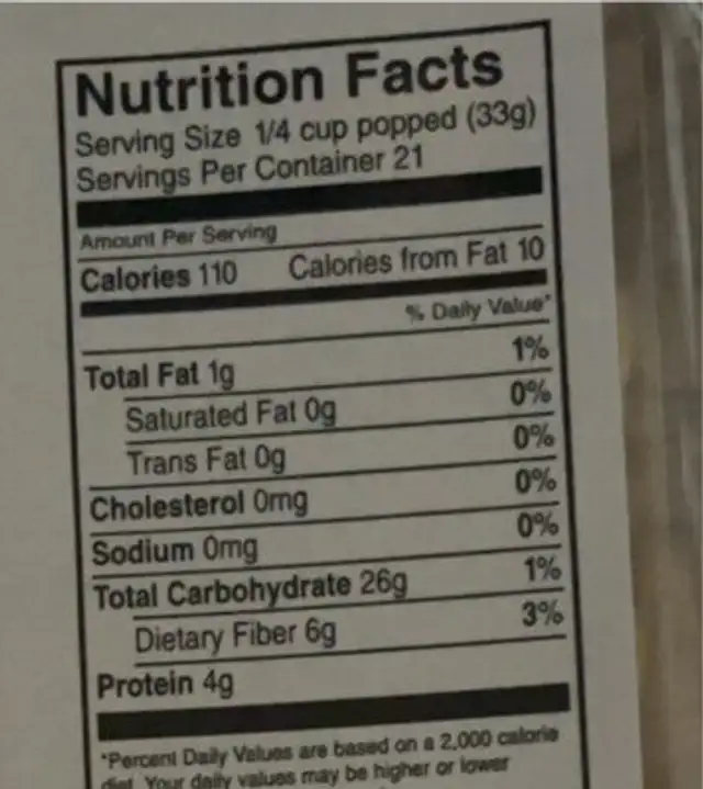 Popping Corn nutrition facts table