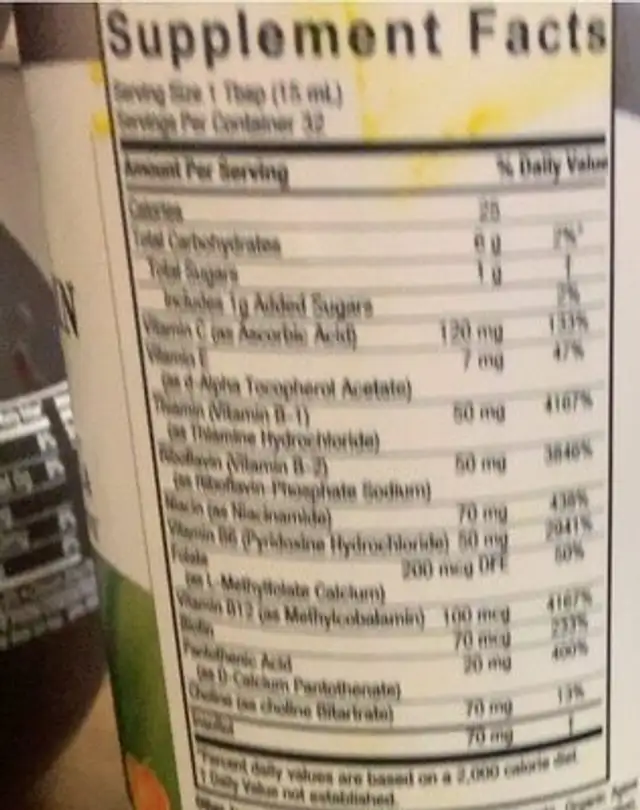 Liquid vitamin B complex nutrition facts table