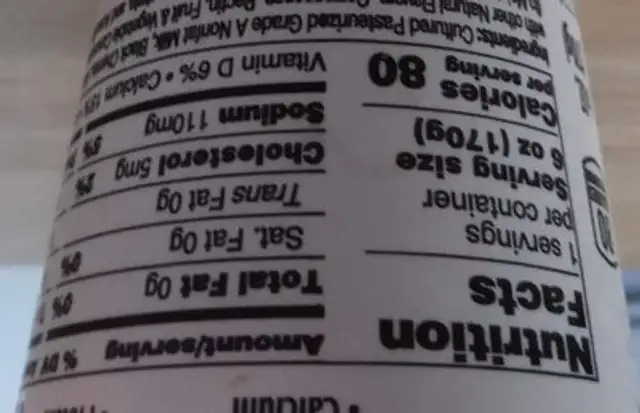 Black Cherry nutrition facts table