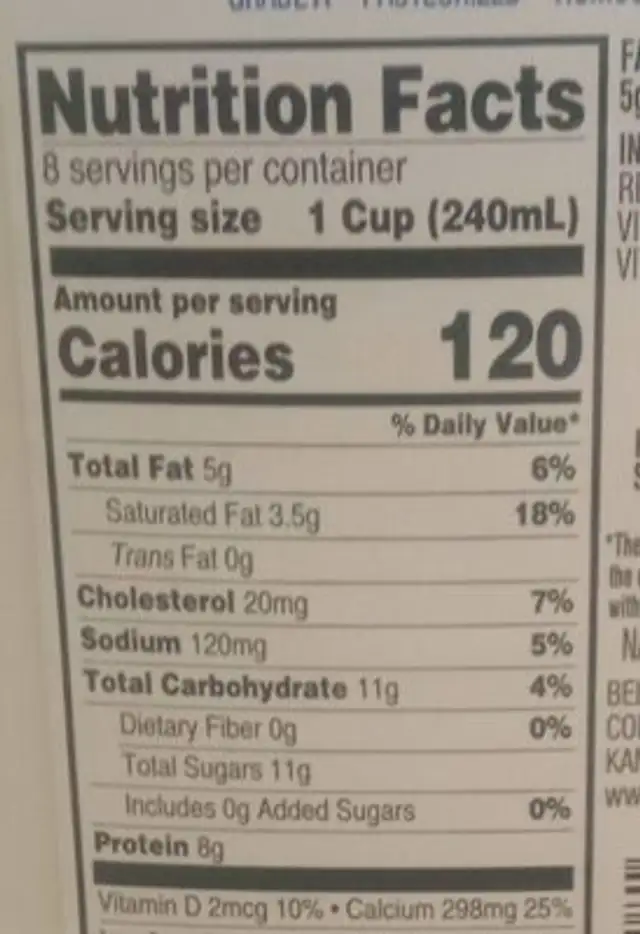 reduced fat milk nutrition facts table