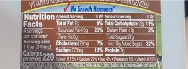 chocolate milk nutrition facts table