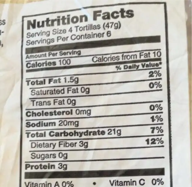 Soft Corn Tortillas nutrition facts table
