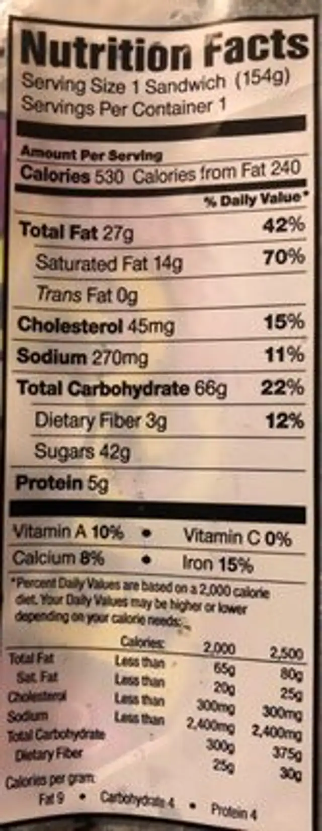 Humongous Chocolate Chip Cookie Ice Cream Sandwich nutrition facts table