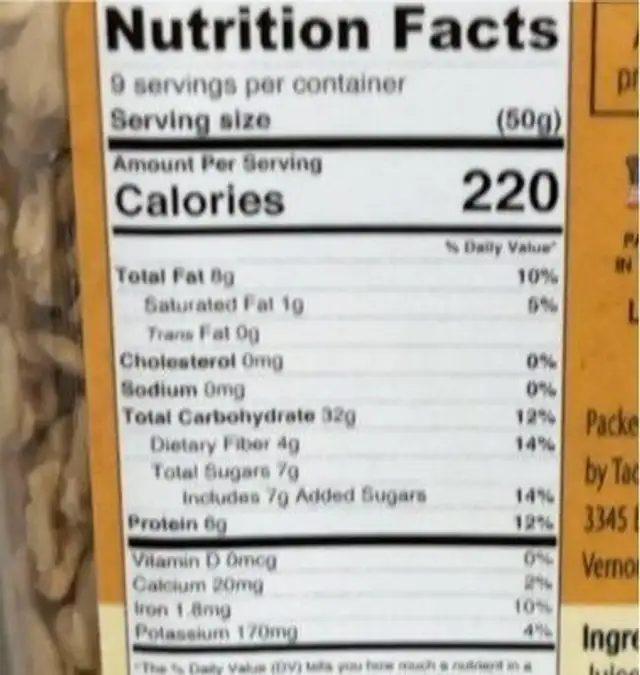 Laura’s Honey Granola nutrition facts table
