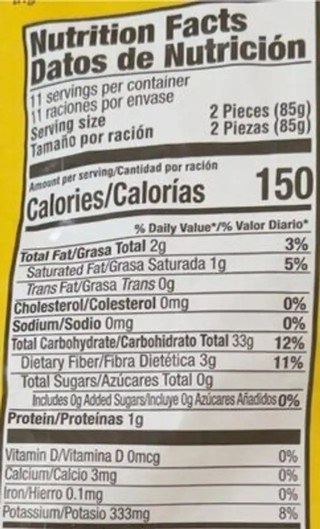 Tostones/Green Plantains nutrition facts table