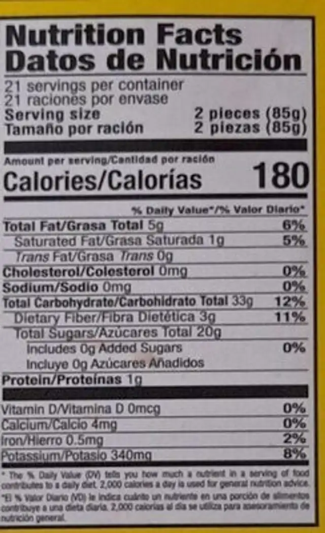Amarillos Sweet Plantain Slices nutrition facts table