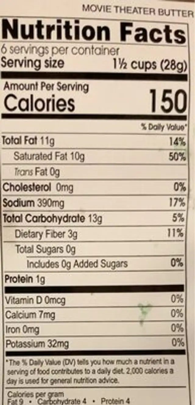 Movie theater butter flavor nutrition facts table