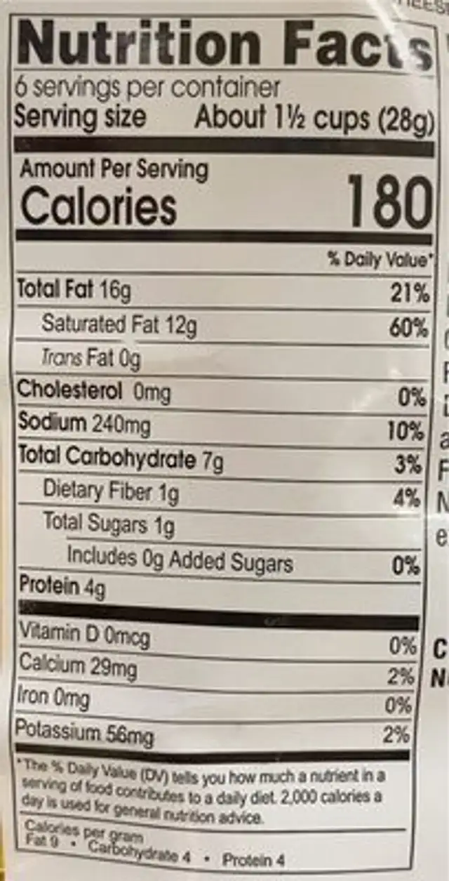 Premium Cheddar Cheese Popcorn nutrition facts table
