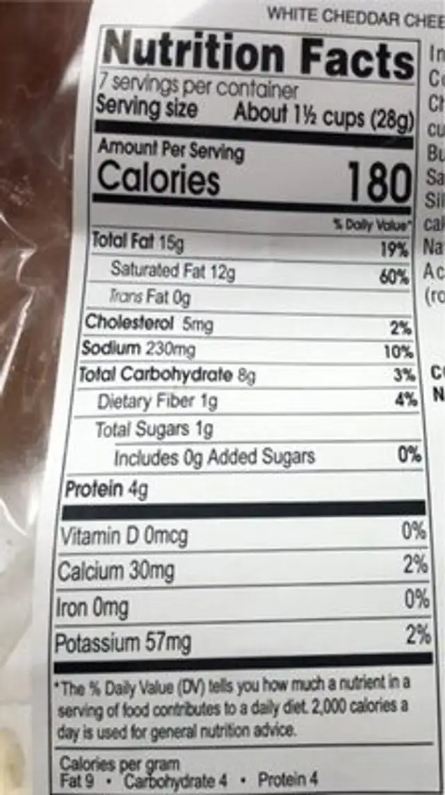 White cheddar popcorn nutrition facts table