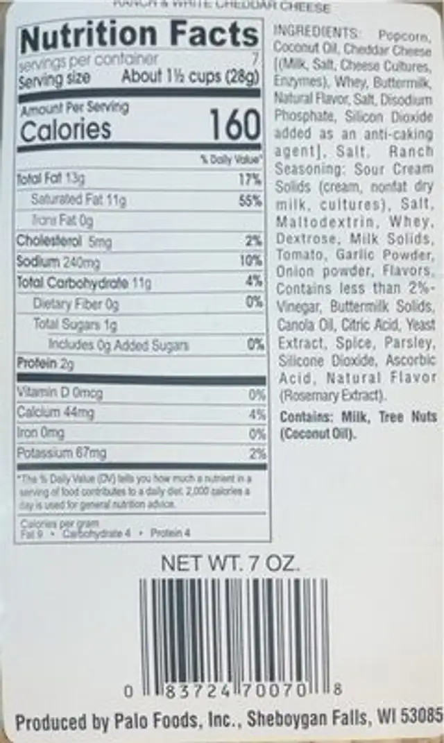 Ranch white cheddar nutrition facts table