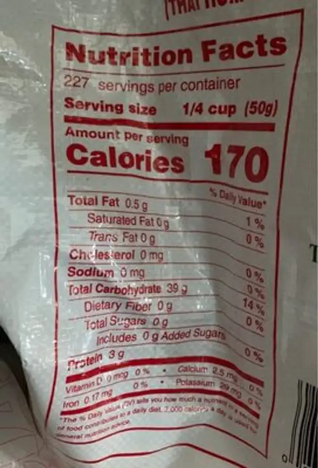 Jasmine rice nutrition facts table