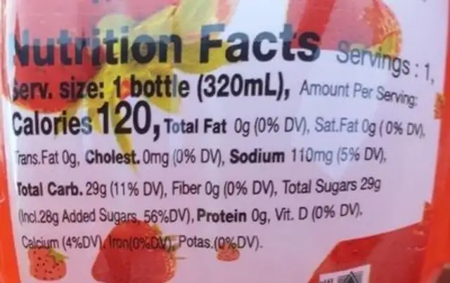 Kokozo brand Strawberry Nata de Coco Drink nutrition facts table