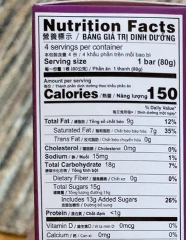 Taro Ice Bars nutrition facts table