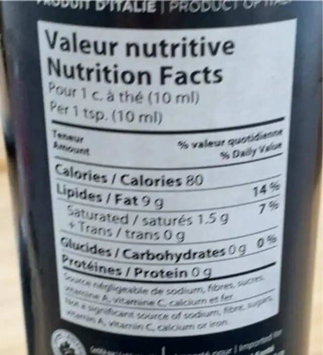 Huile d’olive biologie extra vierge nutrition facts table