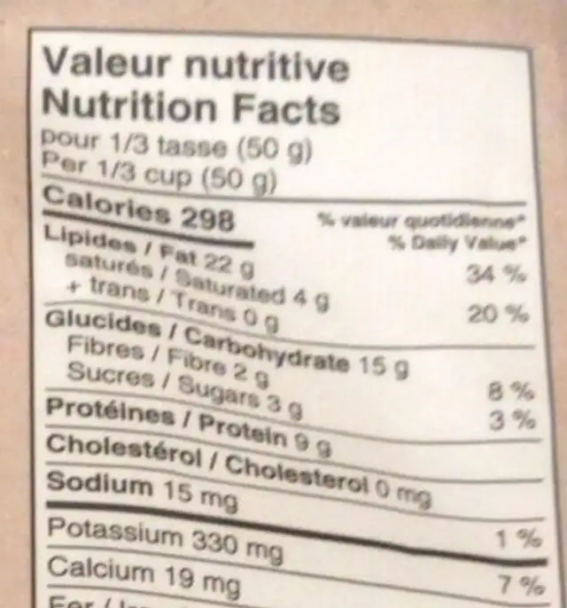 Noix de cajou biologiques nutrition facts table