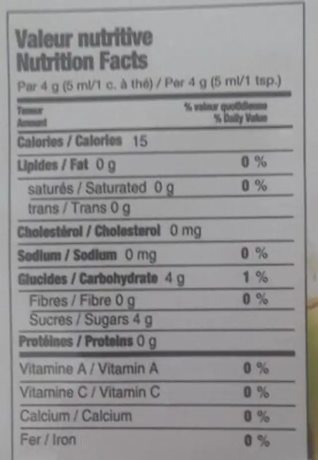 Sucre de canne biologique nutrition facts table