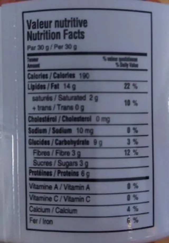 Beurre d'arachides biologique croquant nutrition facts table