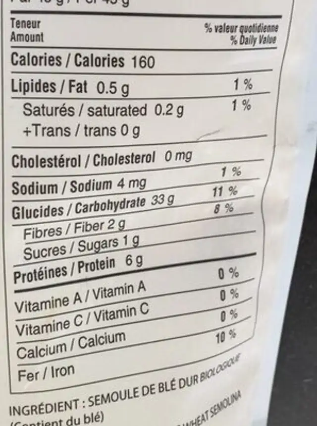 Couscous Biologique nutrition facts table