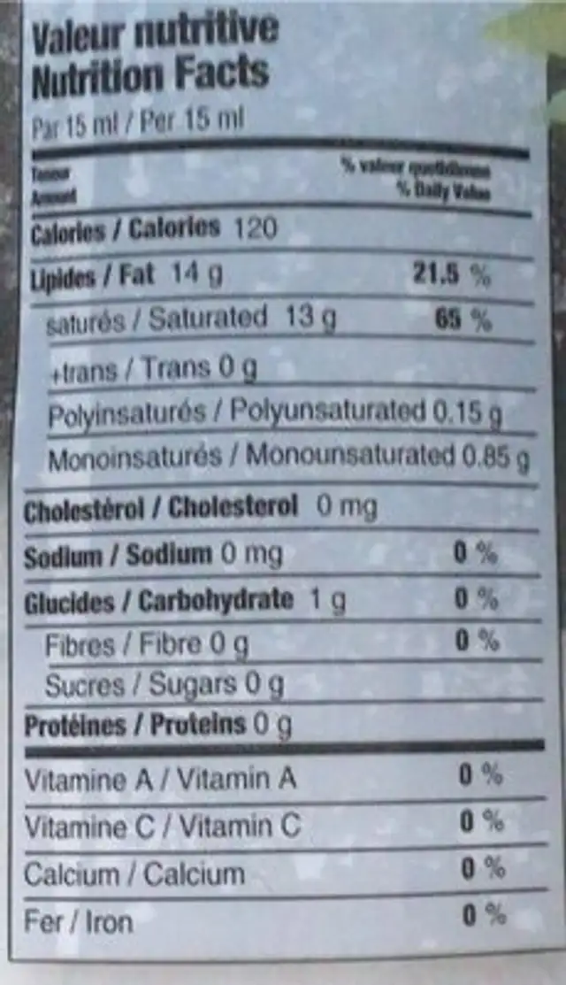 Huile de coco nutrition facts table