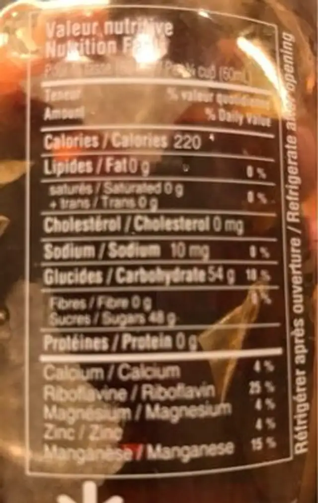 Sirop d'erable nutrition facts table