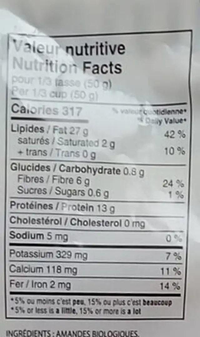 Amandes guara crues nutrition facts table