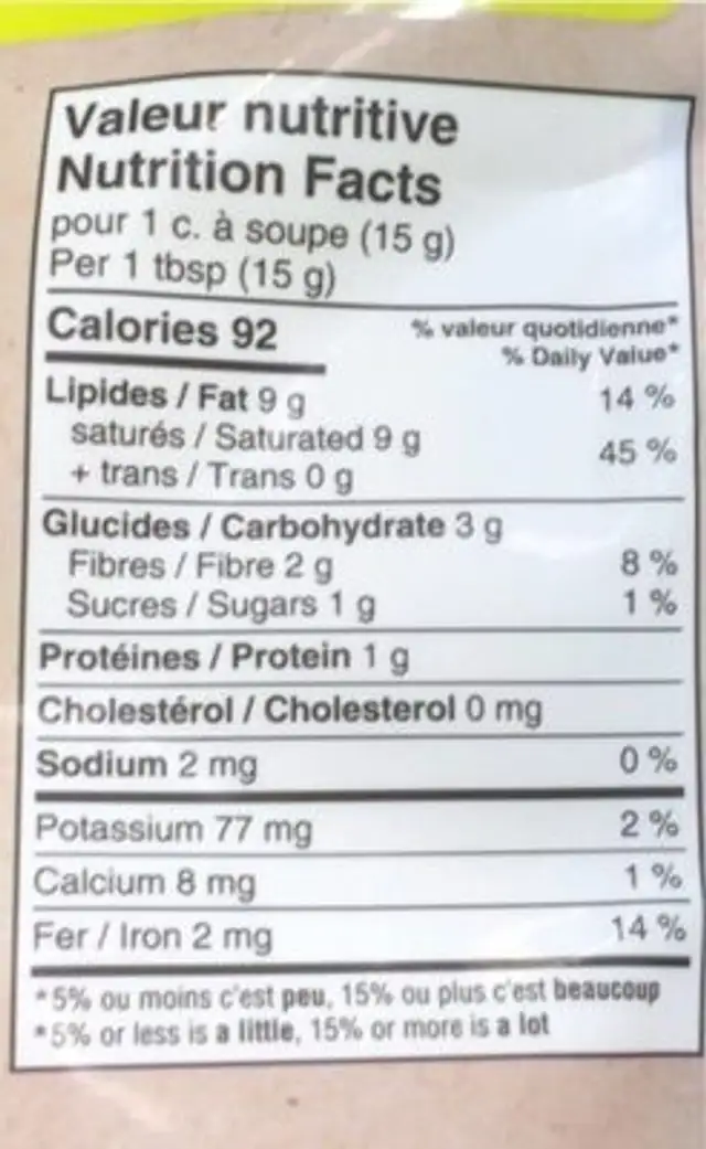 Noix de coco nutrition facts table