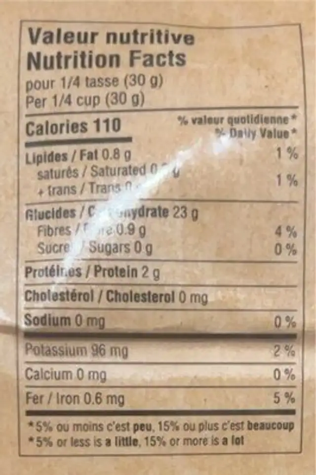 Farine de Riz brun nutrition facts table