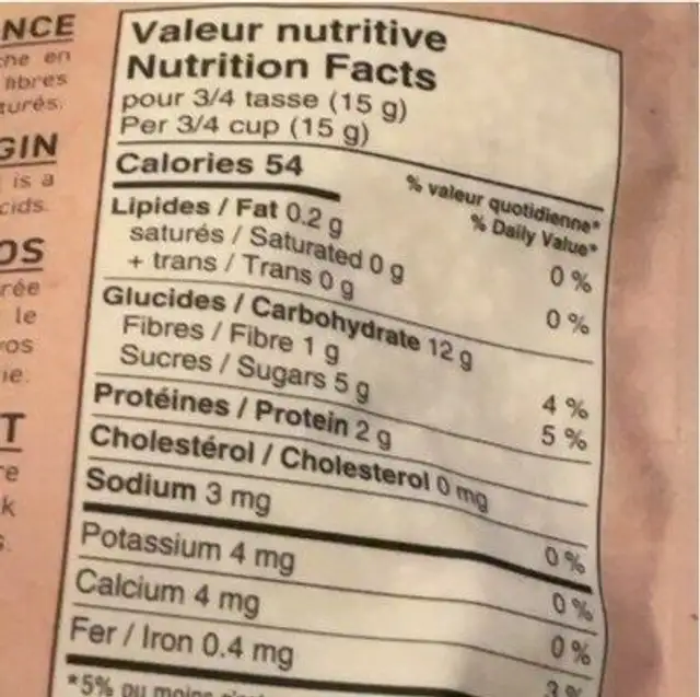 Céréales de quinoa soufflées nutrition facts table