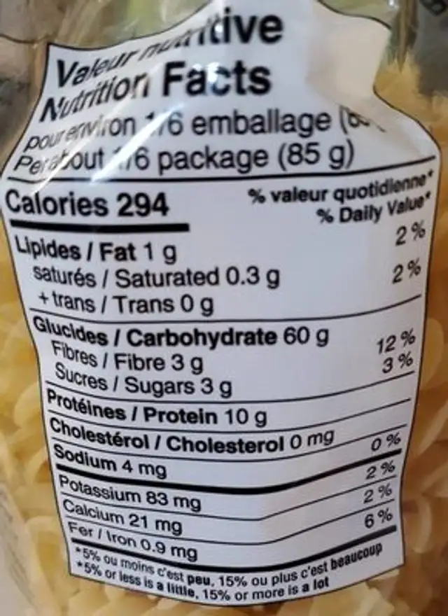 Fusilli nutrition facts table
