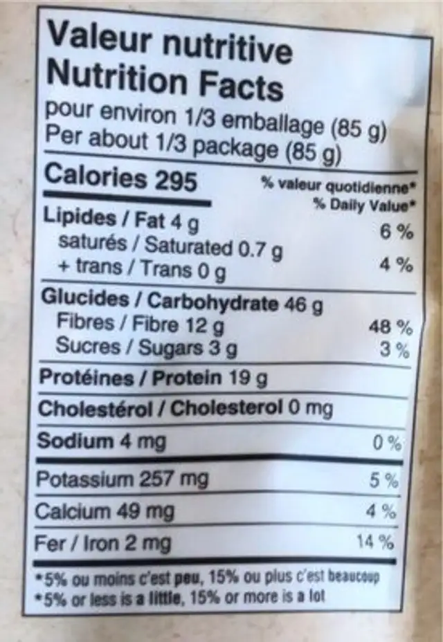 Penne de pois chiches nutrition facts table