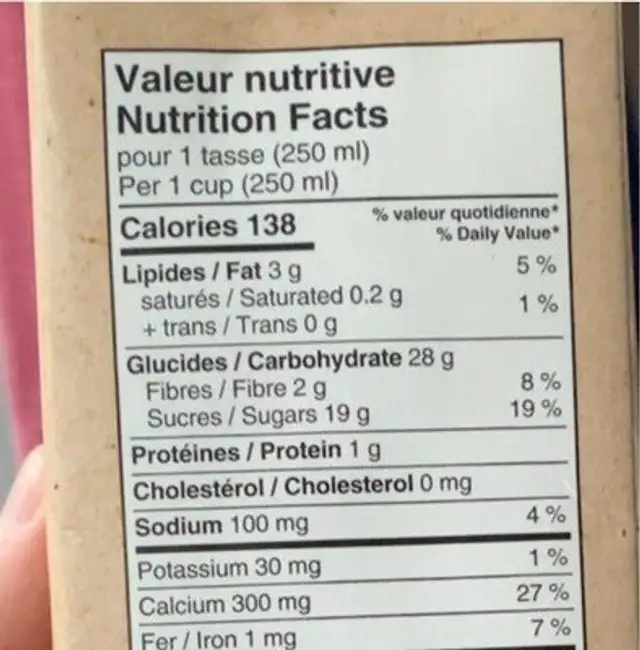 Boisson au riz nutrition facts table
