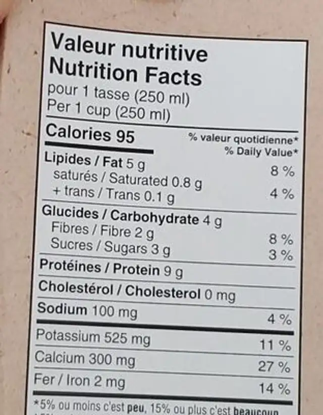 Boisson au soya nutrition facts table