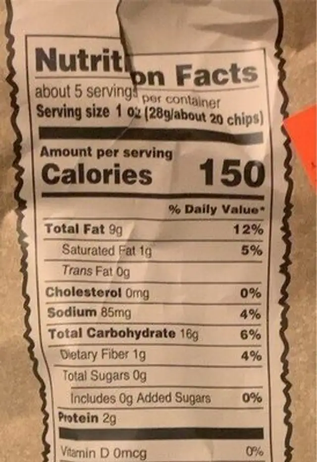 Potato chips sea salted nutrition facts table