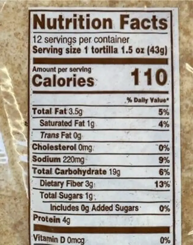 Vegetarian Tortillas nutrition facts table