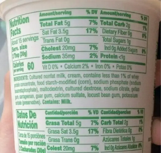 El tapatio crema agria nutrition facts table