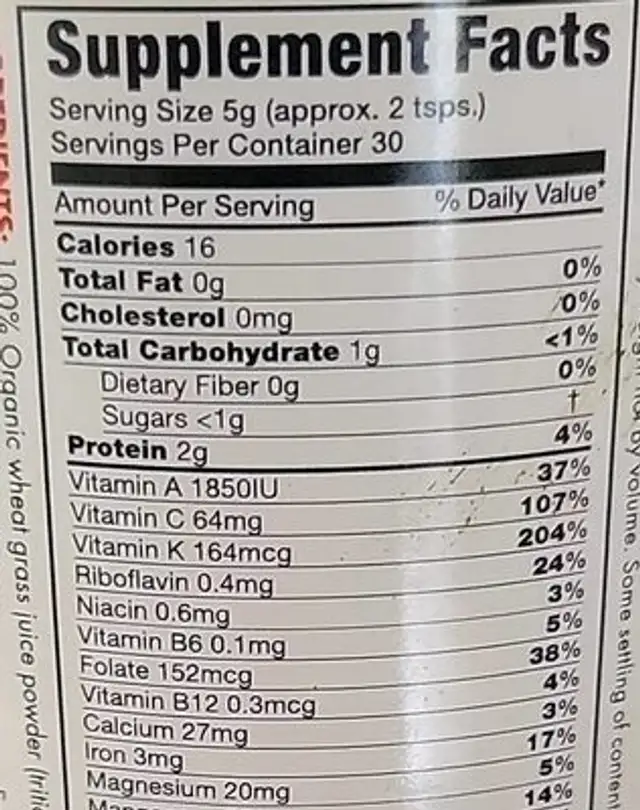 Wheatgrass Shots nutrition facts table