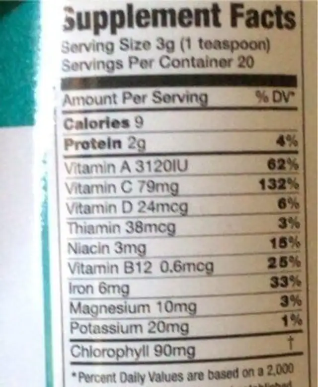 Organic chlorella powder nutrition facts table