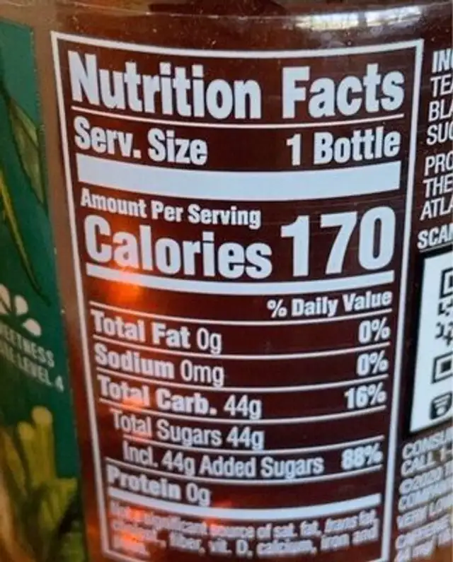 Sweet tea nutrition facts table