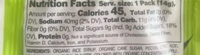 Organic Gummy Fruits nutrition facts table
