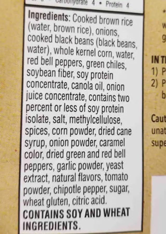 Veggie burgers ingredients label